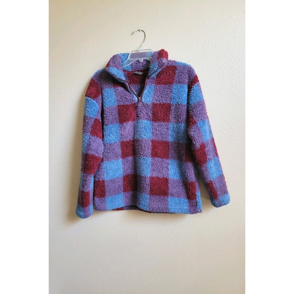 Eddie Bauer Fleece Jacket Womens Blue Purple Burgundy 1/4 Zip Pullover Fuzzy M - Picture 1 of 14